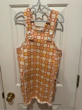 Rare Editions Orange Checkered Floral Overall Dress
